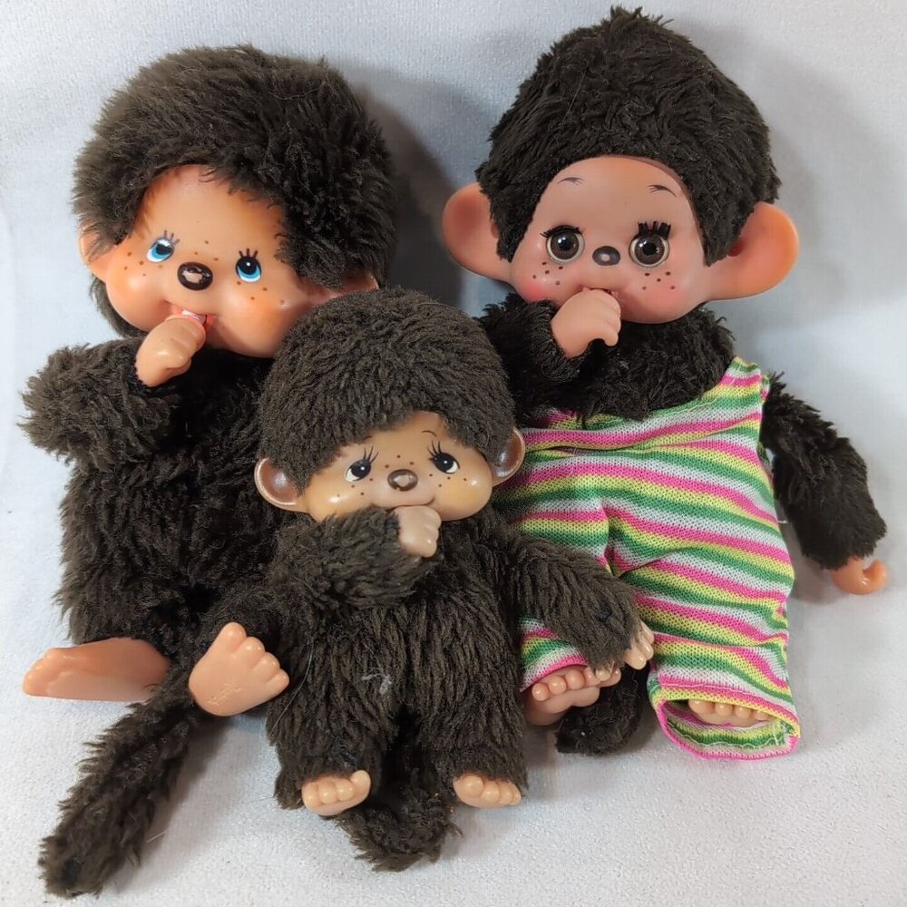 Sekiguchi Monchhichi 3 Set Vintage Sleep Eyes Brown Monkey Plush Stuffed Toy Lot